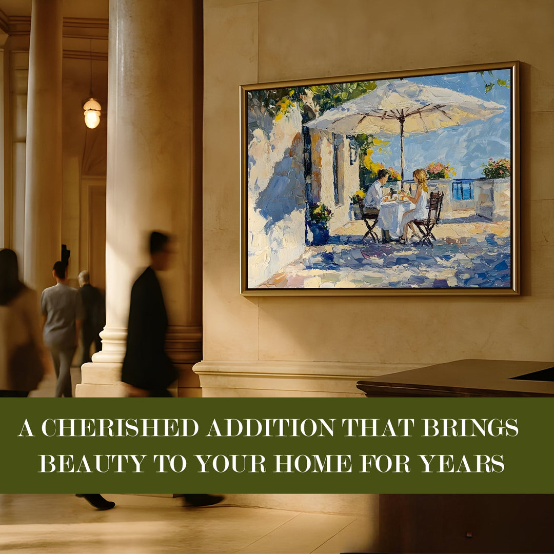 Breezy coastal breakfast café in Monaco Wall Art, HD Canvas Print, Golden Floater Framed, Ready to Hang, (36 In x 48 In) (CAFE-WA-09)