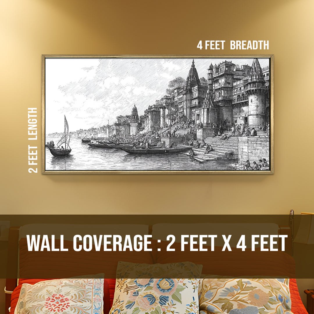 Banaras Ghats Painting Wall Art – Varanasi Riverfront with Golden Floater Frame – HD Print Large Canvas, Ready to Hang, Size: 2X4FT, (BAWA38)