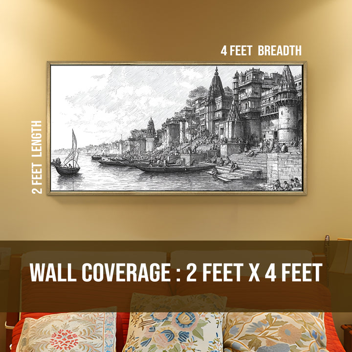 Banaras Ghats Painting Wall Art – Varanasi Riverfront with Golden Floater Frame – HD Print Large Canvas, Ready to Hang, Size: 2X4FT, (BAWA38)