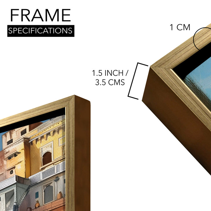 Banaras Ghats Painting Wall Art – Varanasi Riverfront with Golden Floater Frame – HD Print Large Canvas, Ready to Hang, Size: 3X4FT, (BAWA26)