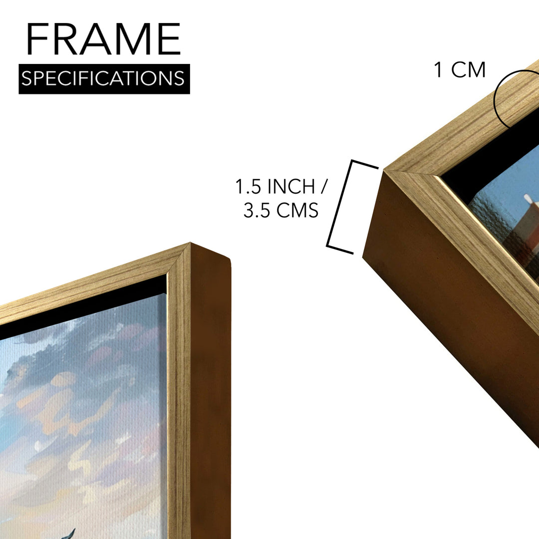 Banaras Ghats Painting Wall Art – Varanasi Riverfront with Golden Floater Frame – HD Print Large Canvas, Ready to Hang, Size: 3X4FT, (BAWA24)