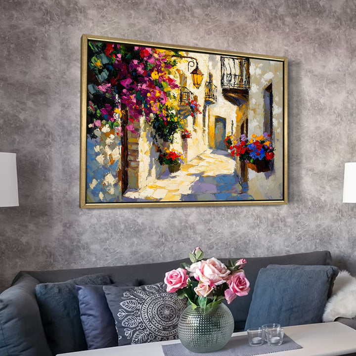 Narrow alley with balconies full of flowers Wall Art, HD Canvas Print, Golden Floater Framed, Ready to Hang, (36 In x 48 In) (CITY-WA-07)
