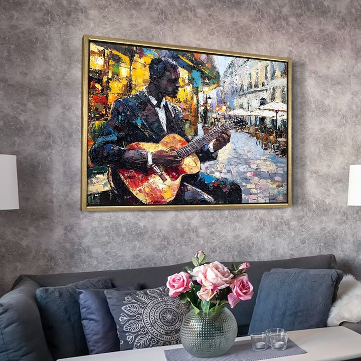 Guitarist performing in a cobbled plaza Wall Art, HD Canvas Print, Golden Floater Framed, Ready to Hang, (36 In x 48 In) (CITY-WA-05)