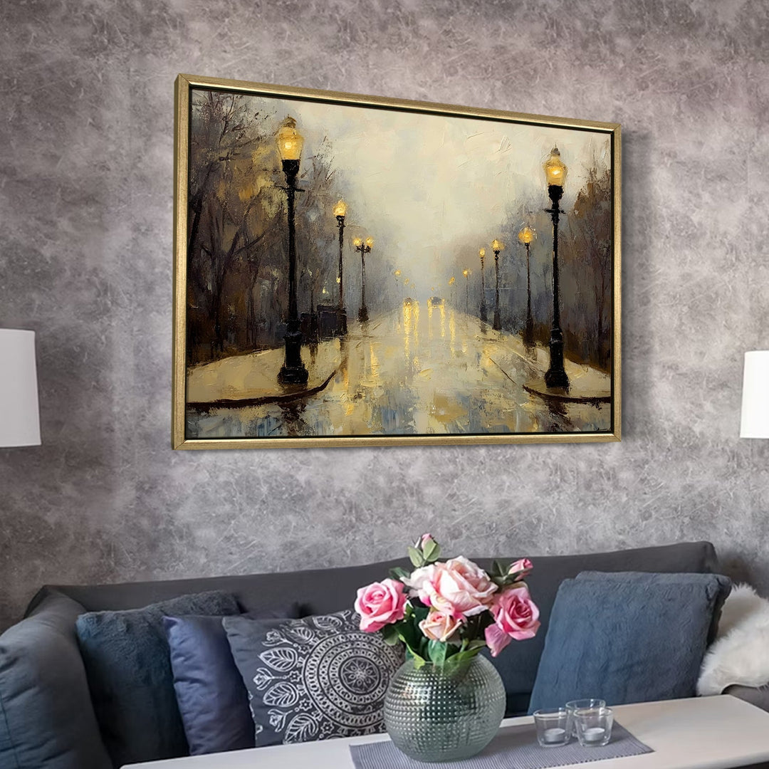 Foggy morning street with vintage lamp posts Wall Art, HD Canvas Print, Golden Floater Framed, Ready to Hang, (36 In x 48 In) (CITY-WA-08)