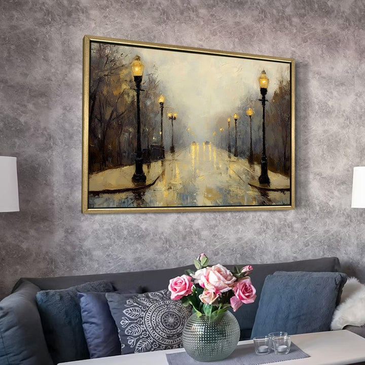Foggy morning street with vintage lamp posts Wall Art, HD Canvas Print, Golden Floater Framed, Ready to Hang, (36 In x 48 In) (CITY-WA-08)
