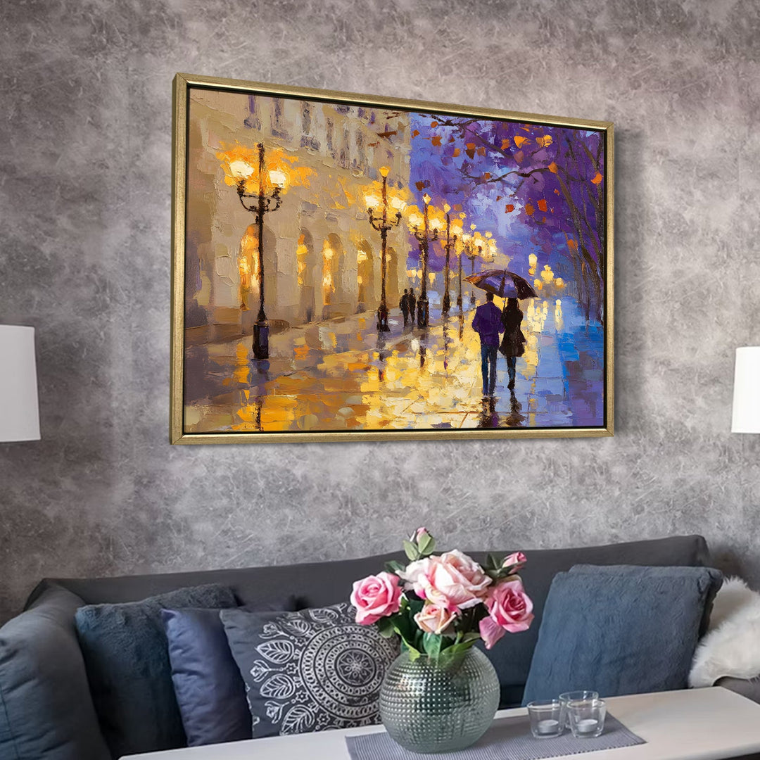 Rainy street with reflections of warm lights Wall Art, HD Canvas Print, Golden Floater Framed, Ready to Hang, (36 In x 48 In) (CAFE-WA-01)