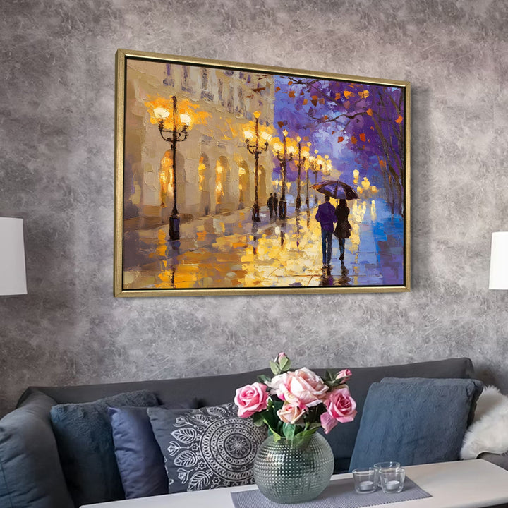 Rainy street with reflections of warm lights Wall Art, HD Canvas Print, Golden Floater Framed, Ready to Hang, (36 In x 48 In) (CAFE-WA-01)