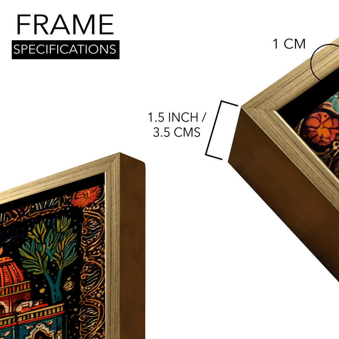 Banaras Ghats Painting Wall Art – Varanasi Riverfront with Golden Floater Frame – HD Print Large Canvas, Ready to Hang, Size: 3X4FT, (BAWA22)