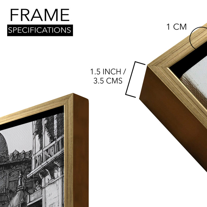 Banaras Ghats Painting Wall Art – Varanasi Riverfront with Golden Floater Frame – HD Print Large Canvas, Ready to Hang, Size: 3X4FT, (BAWA10)