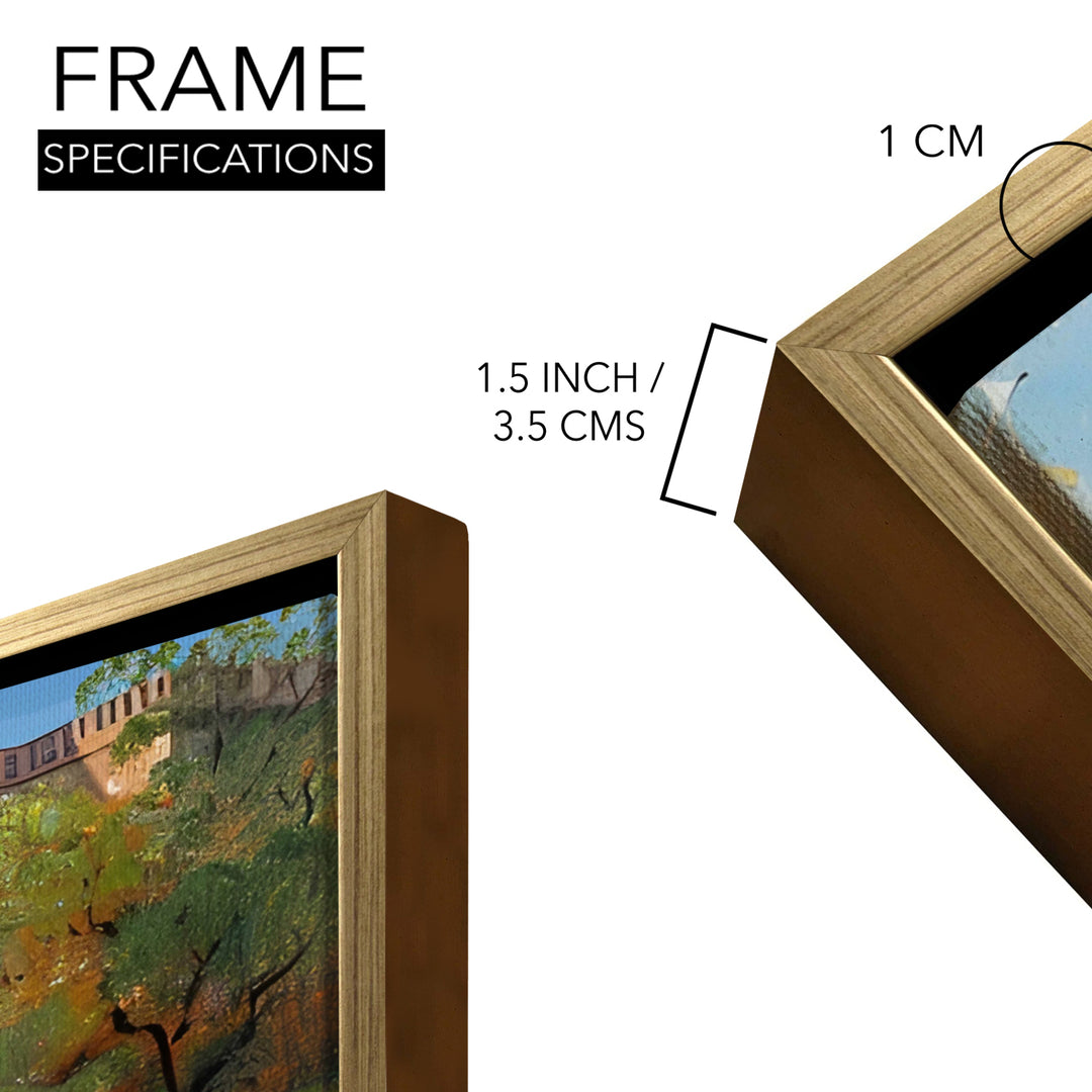 Banaras Ghats Painting Wall Art – Varanasi Riverfront with Golden Floater Frame – HD Print Large Canvas, Ready to Hang, Size: 3X4FT, (BAWA13)