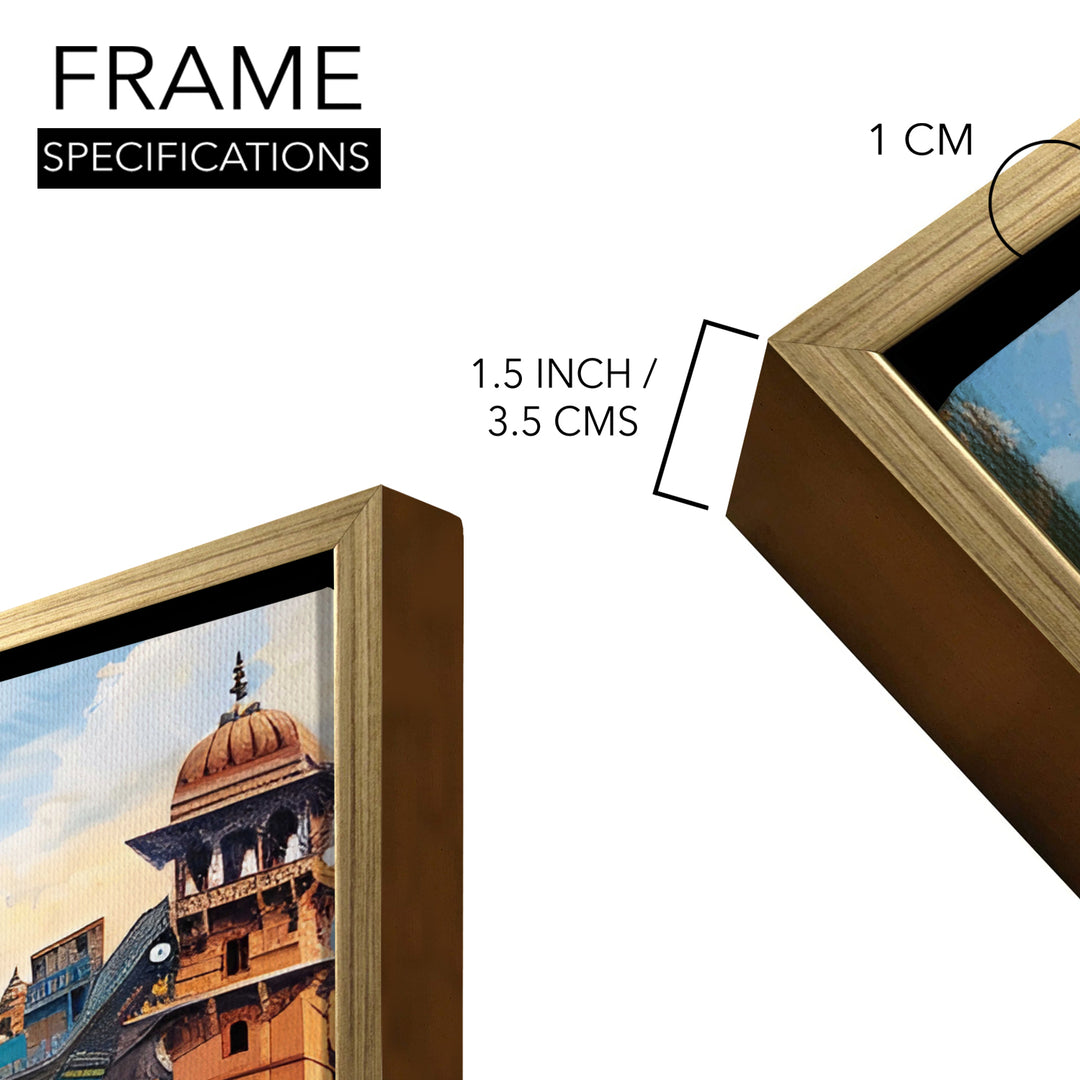 Banaras Ghats Painting Wall Art – Varanasi Riverfront with Golden Floater Frame – HD Print Large Canvas, Ready to Hang, Size: 3X4FT, (BAWA19)
