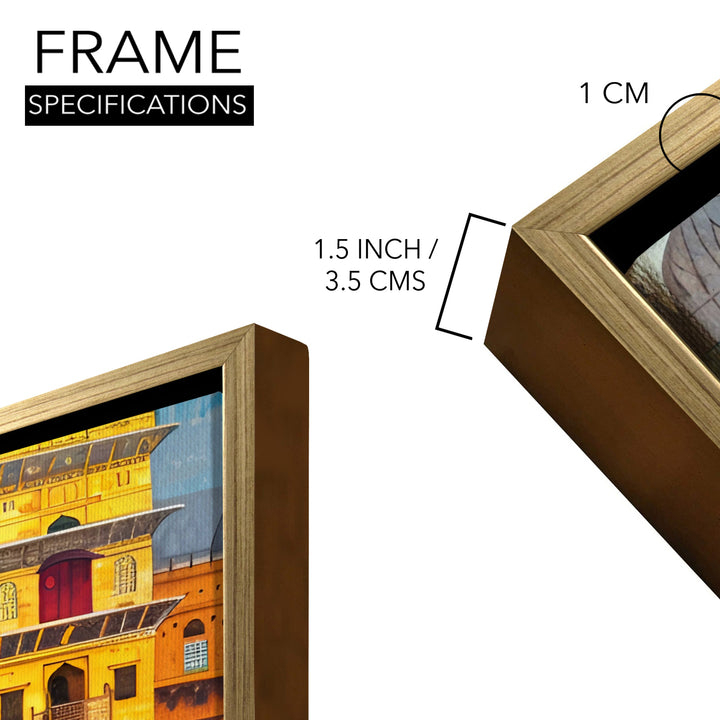 Banaras Ghats Painting Wall Art – Varanasi Riverfront with Golden Floater Frame – HD Print Large Canvas, Ready to Hang, Size: 3X4FT, (BAWA25)