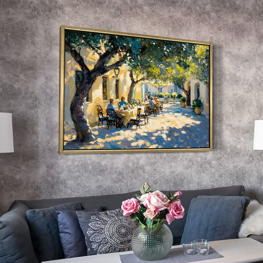 Courtyard dining under olive trees Wall Art, HD Canvas Print, Golden Floater Framed, Ready to Hang, (36 In x 48 In) (CITY-WA-03)