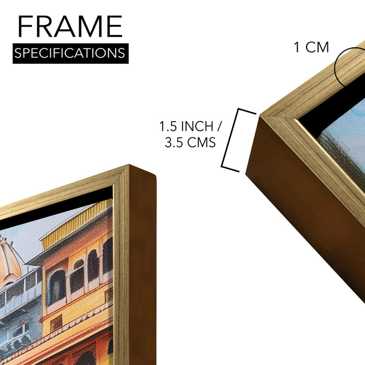 Banaras Ghats Painting Wall Art – Varanasi Riverfront with Golden Floater Frame – HD Print Large Canvas, Ready to Hang, Size: 3X4FT, (BAWA07)