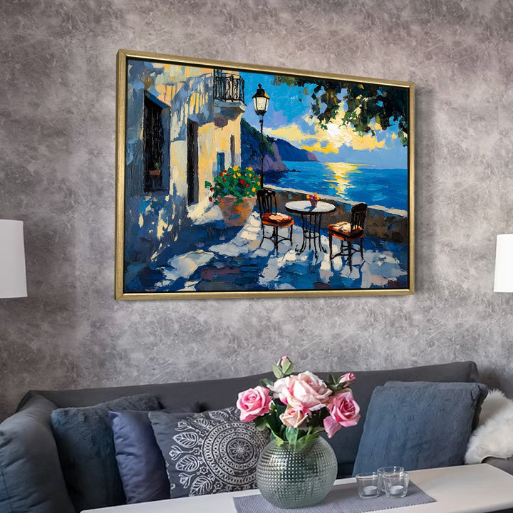 Blue-domed café by the sea cliffs Wall Art, HD Canvas Print, Golden Floater Framed, Ready to Hang, (36 In x 48 In) (CITY-WA-04)