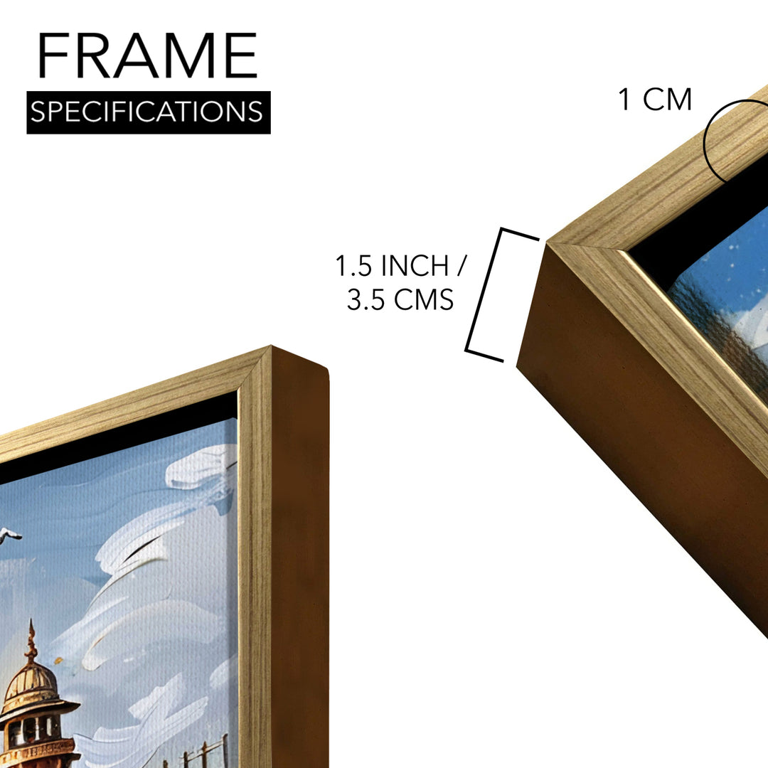 Banaras Ghats Painting Wall Art – Varanasi Riverfront with Golden Floater Frame – HD Print Large Canvas, Ready to Hang, Size: 3X4FT, (BAWA17)
