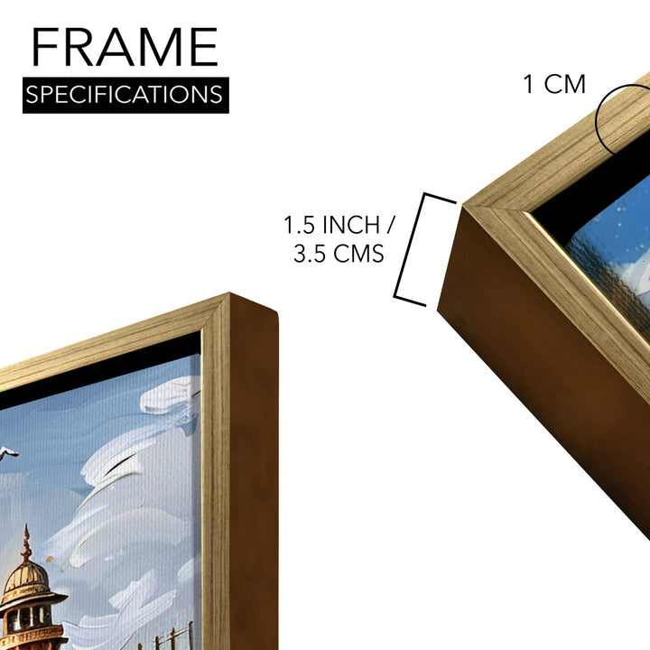 Banaras Ghats Painting Wall Art – Varanasi Riverfront with Golden Floater Frame – HD Print Large Canvas, Ready to Hang, Size: 3X4FT, (BAWA17)