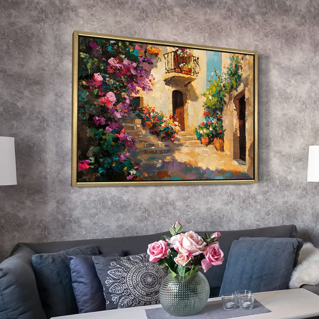 Narrow alley with balconies full of flowers Wall Art, HD Canvas Print, Golden Floater Framed, Ready to Hang, (36 In x 48 In) (CITY-WA-06)