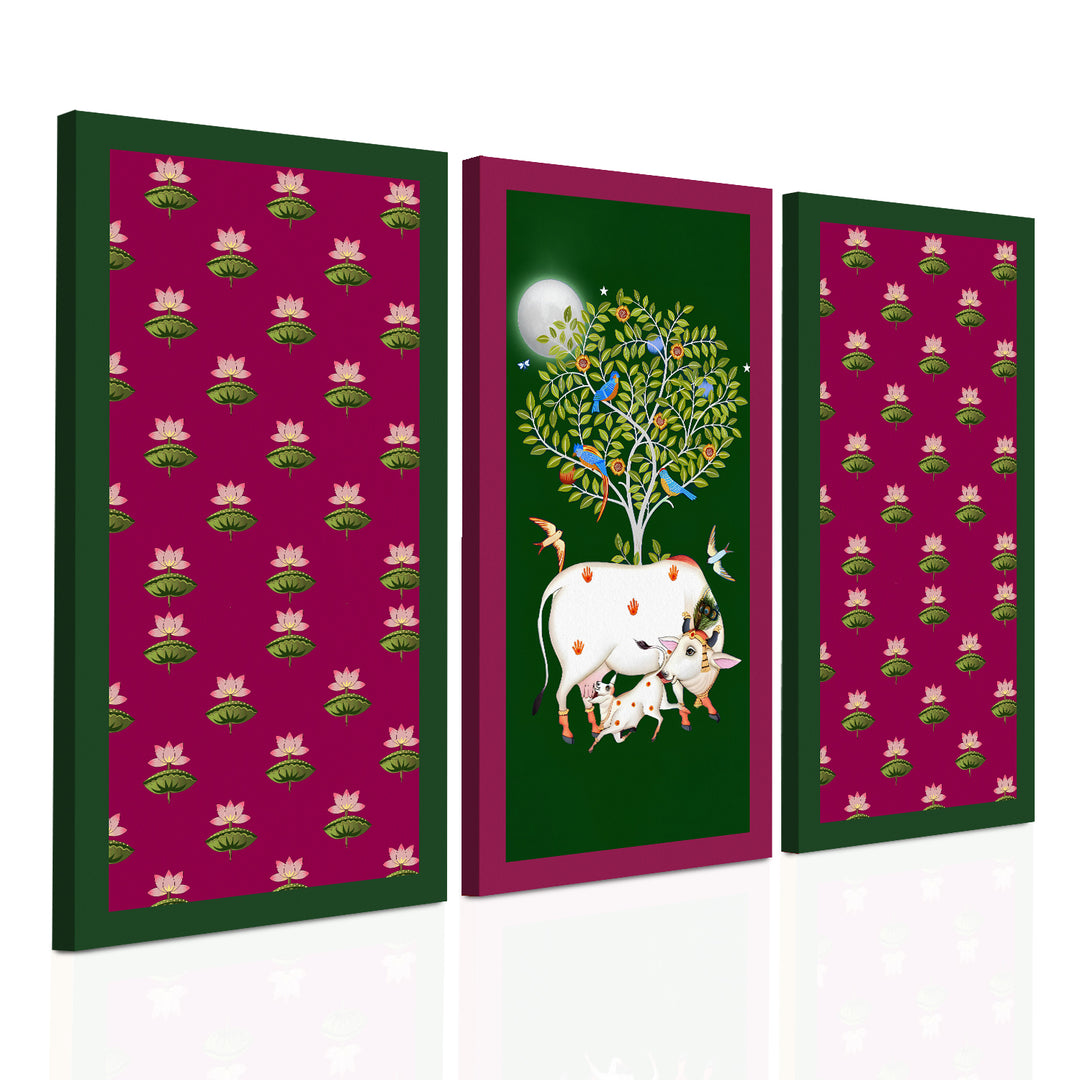 Traditional Pichwai Shreenath Ji Wall Art Set of 3 | HD Print Wrapped Canvas | Perfect for Pooja Room & Office Decor Panels | 12×24 Inch (PICWA39)