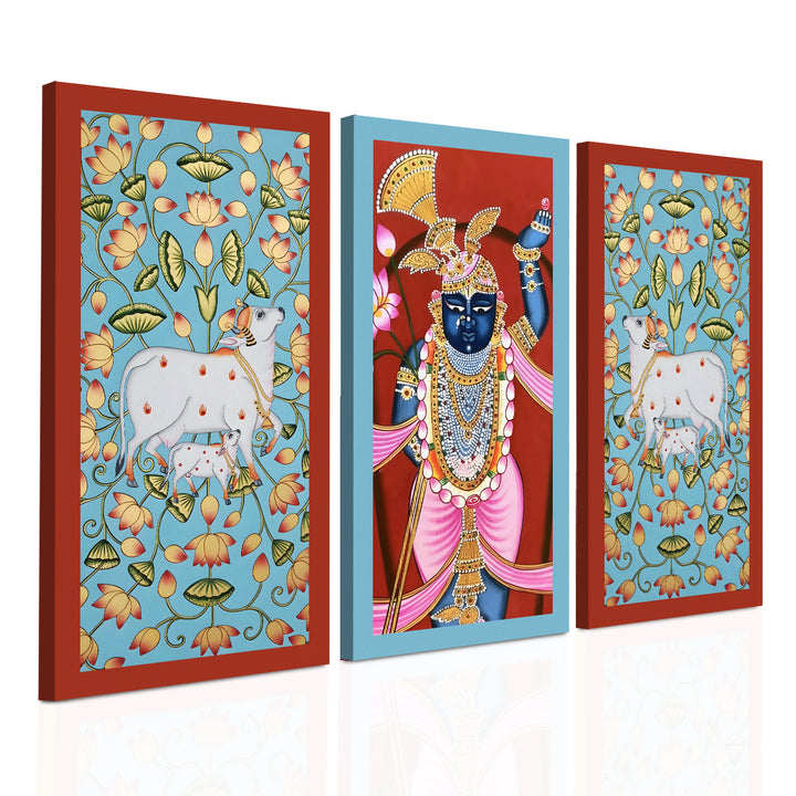 Traditional Pichwai Shreenath Ji Wall Art Set of 3 | HD Print Wrapped Canvas | Perfect for Pooja Room & Office Decor Panels | 12×24 Inch (PICWA42)