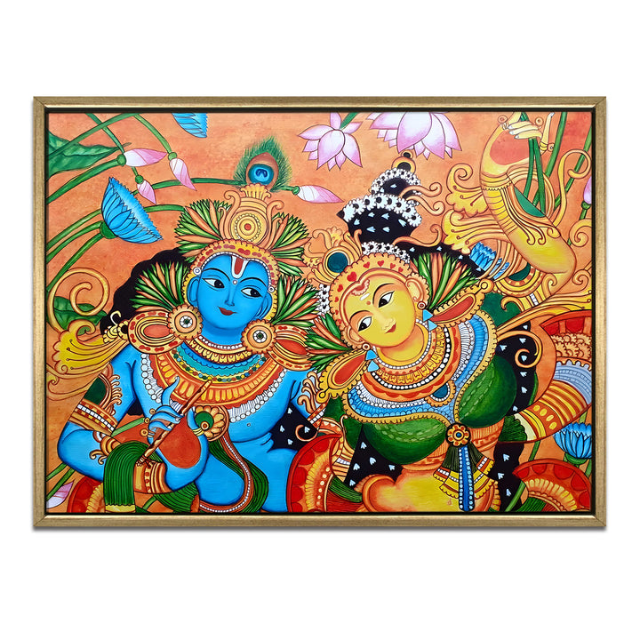 Kerala Mural Wall Art – Vibrant Radha Krishna HD Canvas Print | Painting for Traditional Indian Home & Temple Decor, Size: 36 inch x 48 inch (GOLDEN FLOATING FRAME) (KAMUWA03)