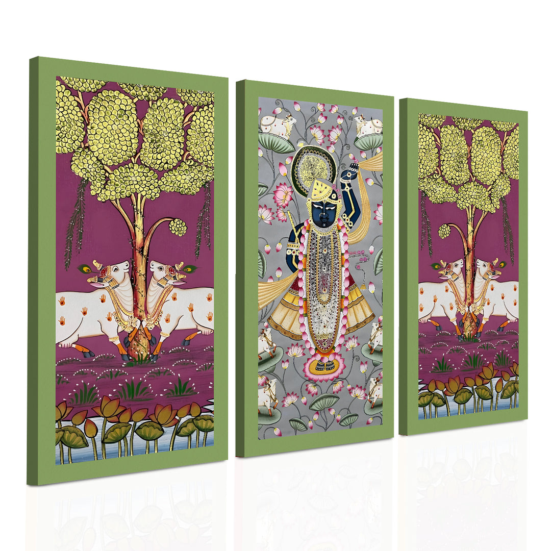 Traditional Pichwai Shreenath Ji Wall Art Set of 3 | HD Print Wrapped Canvas | Perfect for Pooja Room & Office Decor Panels | 12×24 Inch (PICWA41)