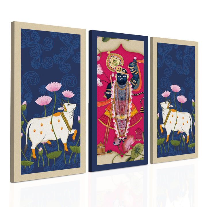 Traditional Pichwai Shreenath Ji Wall Art Set of 3 | HD Print Wrapped Canvas | Perfect for Pooja Room & Office Decor Panels | 12×24 Inch (PICWA37)