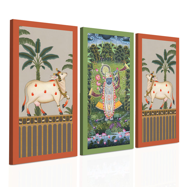 Traditional Pichwai Shreenath Ji Wall Art Set of 3 | HD Print Wrapped Canvas | Perfect for Pooja Room & Office Decor Panels | 12×24 Inch (PICWA40)