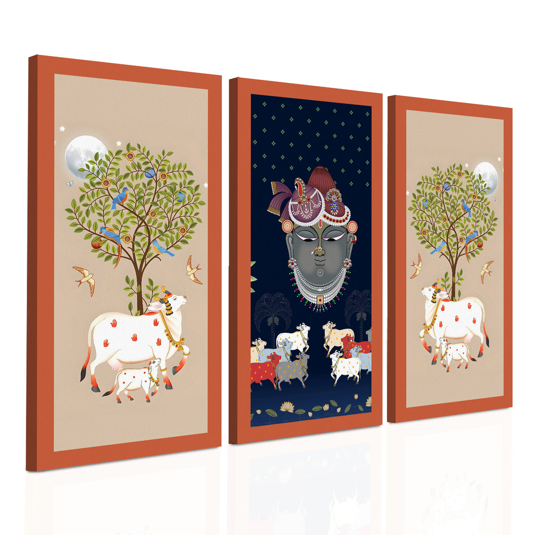 Traditional Pichwai Shreenath Ji Wall Art Set of 3 | HD Print Wrapped Canvas | Perfect for Pooja Room & Office Decor Panels | 12×24 Inch (PICWA38)
