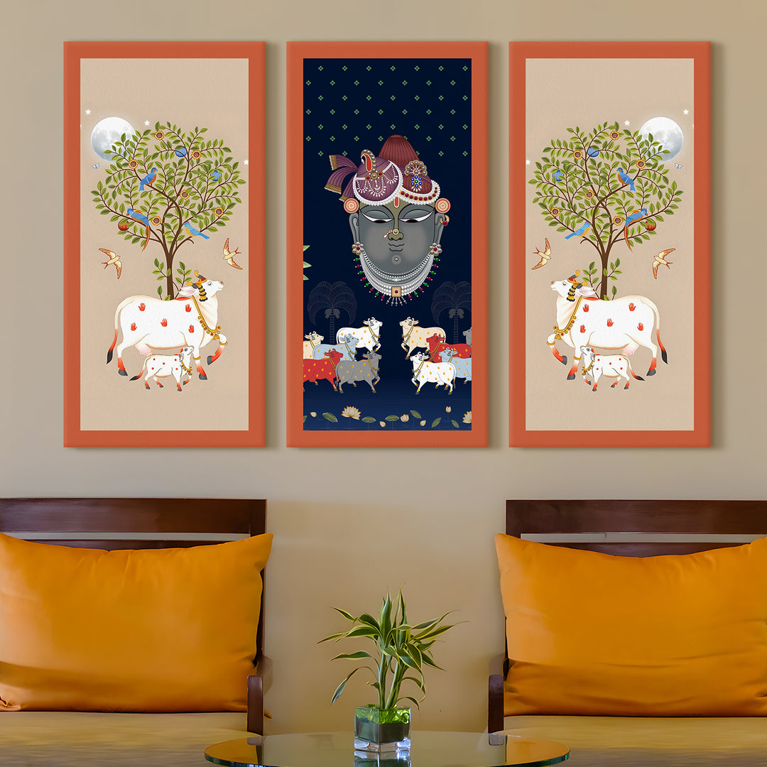 Traditional Pichwai Shreenath Ji Wall Art Set of 3 | HD Print Wrapped Canvas | Perfect for Pooja Room & Office Decor Panels | 12×24 Inch (PICWA38)