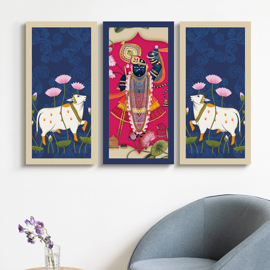 Traditional Pichwai Shreenath Ji Wall Art Set of 3 | HD Print Wrapped Canvas | Perfect for Pooja Room & Office Decor Panels | 12×24 Inch (PICWA37)
