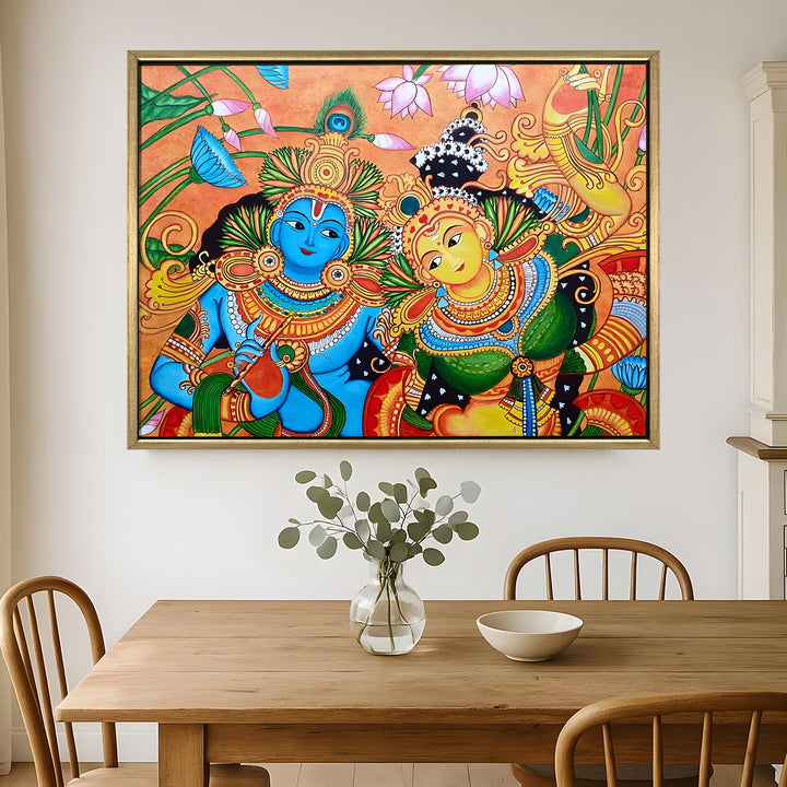 Kerala Mural Wall Art – Vibrant Radha Krishna HD Canvas Print | Painting for Traditional Indian Home & Temple Decor, Size: 36 inch x 48 inch (GOLDEN FLOATING FRAME) (KAMUWA03)
