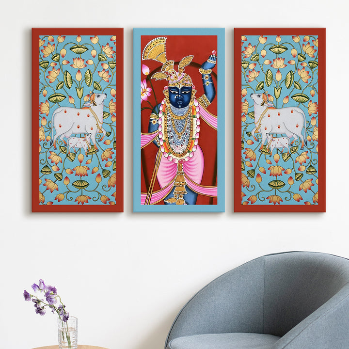 Traditional Pichwai Shreenath Ji Wall Art Set of 3 | HD Print Wrapped Canvas | Perfect for Pooja Room & Office Decor Panels | 12×24 Inch (PICWA42)