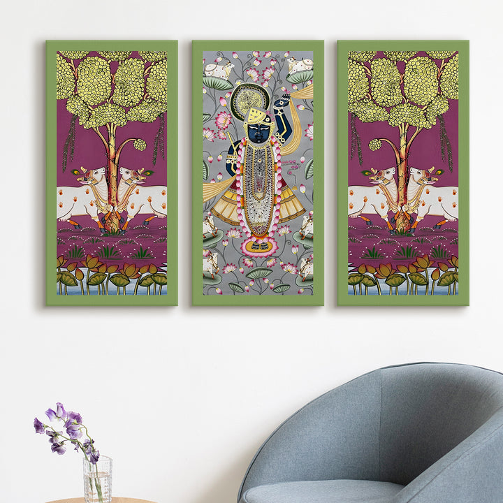 Traditional Pichwai Shreenath Ji Wall Art Set of 3 | HD Print Wrapped Canvas | Perfect for Pooja Room & Office Decor Panels | 12×24 Inch (PICWA41)