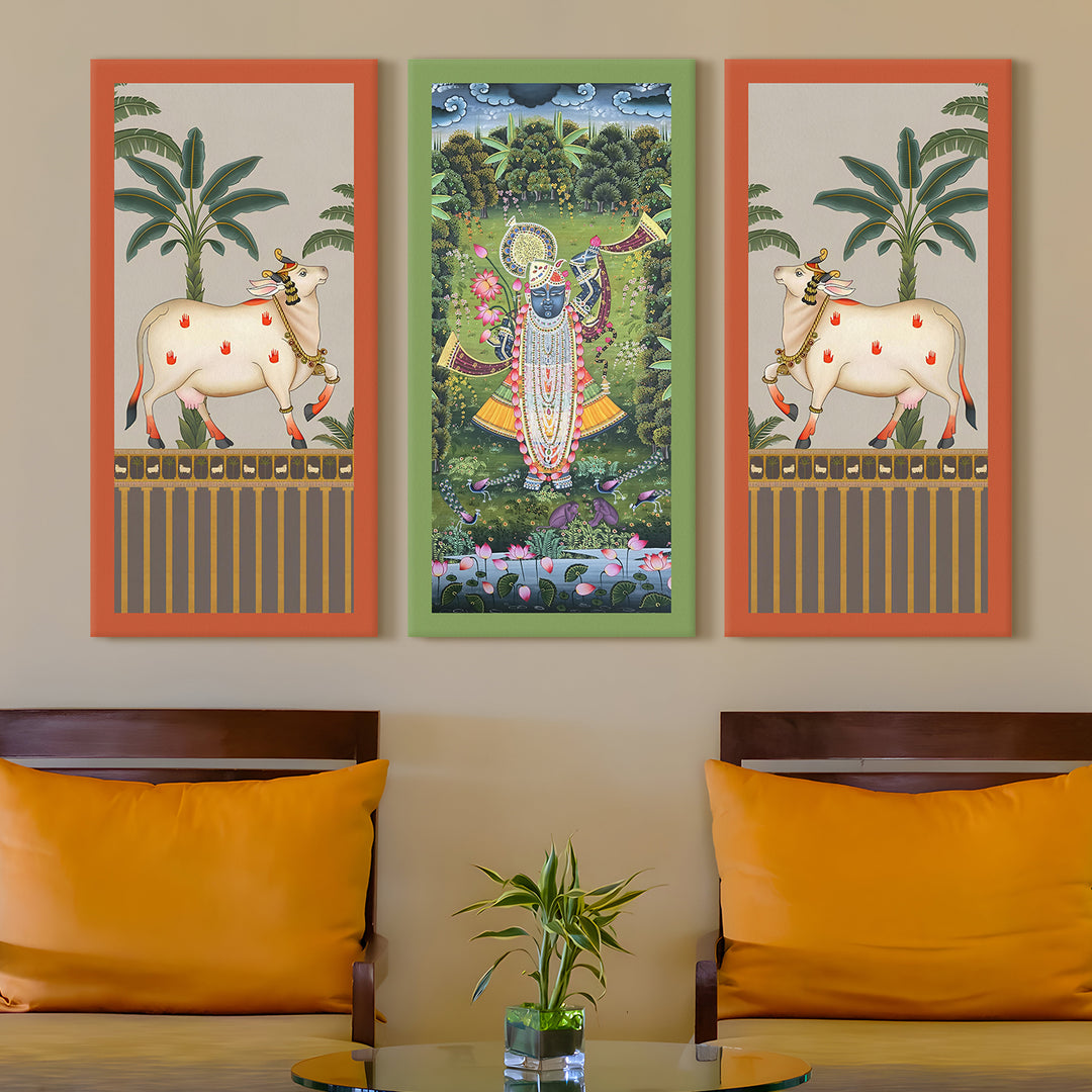 Traditional Pichwai Shreenath Ji Wall Art Set of 3 | HD Print Wrapped Canvas | Perfect for Pooja Room & Office Decor Panels | 12×24 Inch (PICWA40)