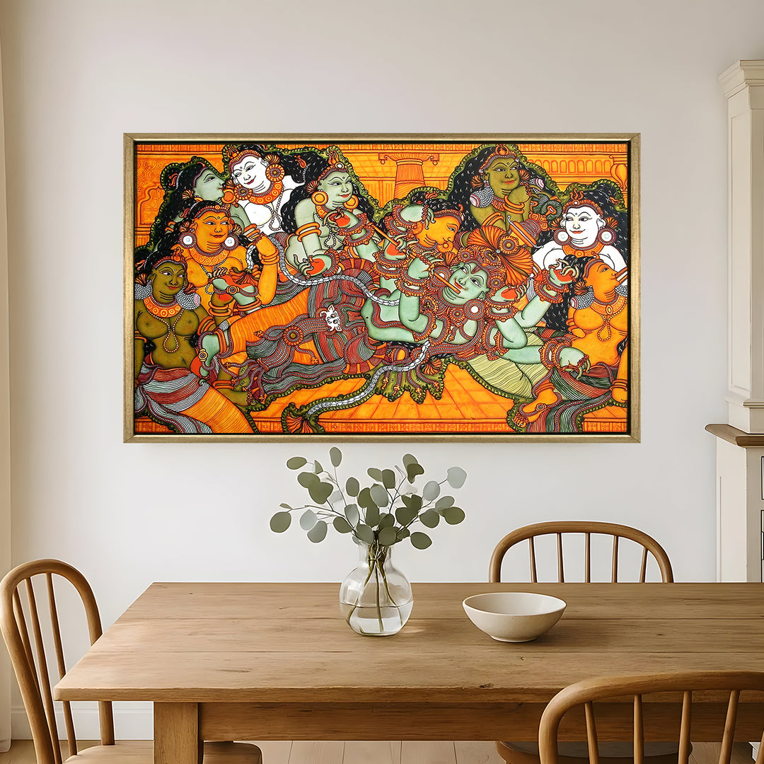 Indian Ethnic Kerala Mural Wall Art Canvas Painting For Home Decoration