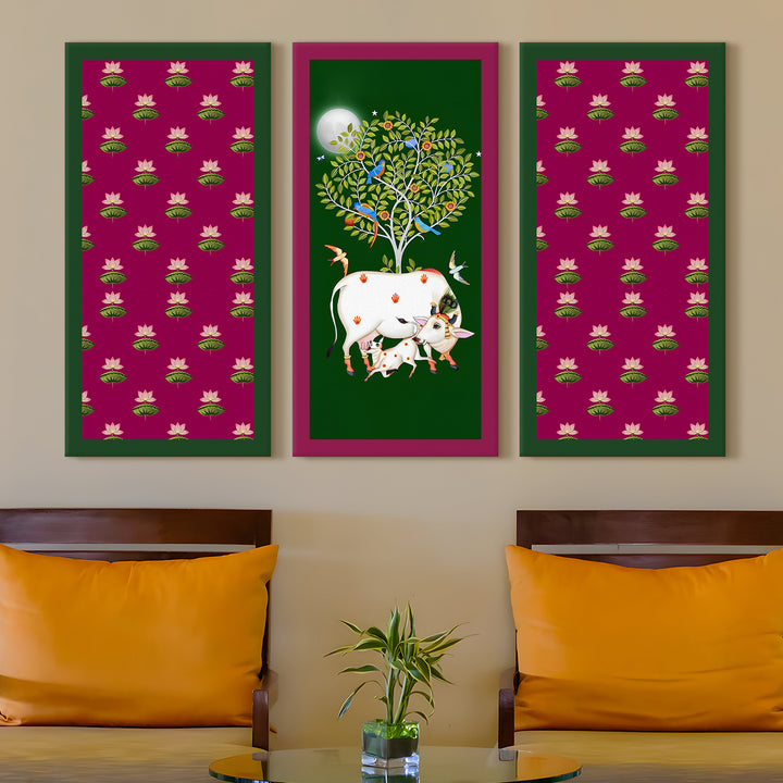 Traditional Pichwai Shreenath Ji Wall Art Set of 3 | HD Print Wrapped Canvas | Perfect for Pooja Room & Office Decor Panels | 12×24 Inch (PICWA39)