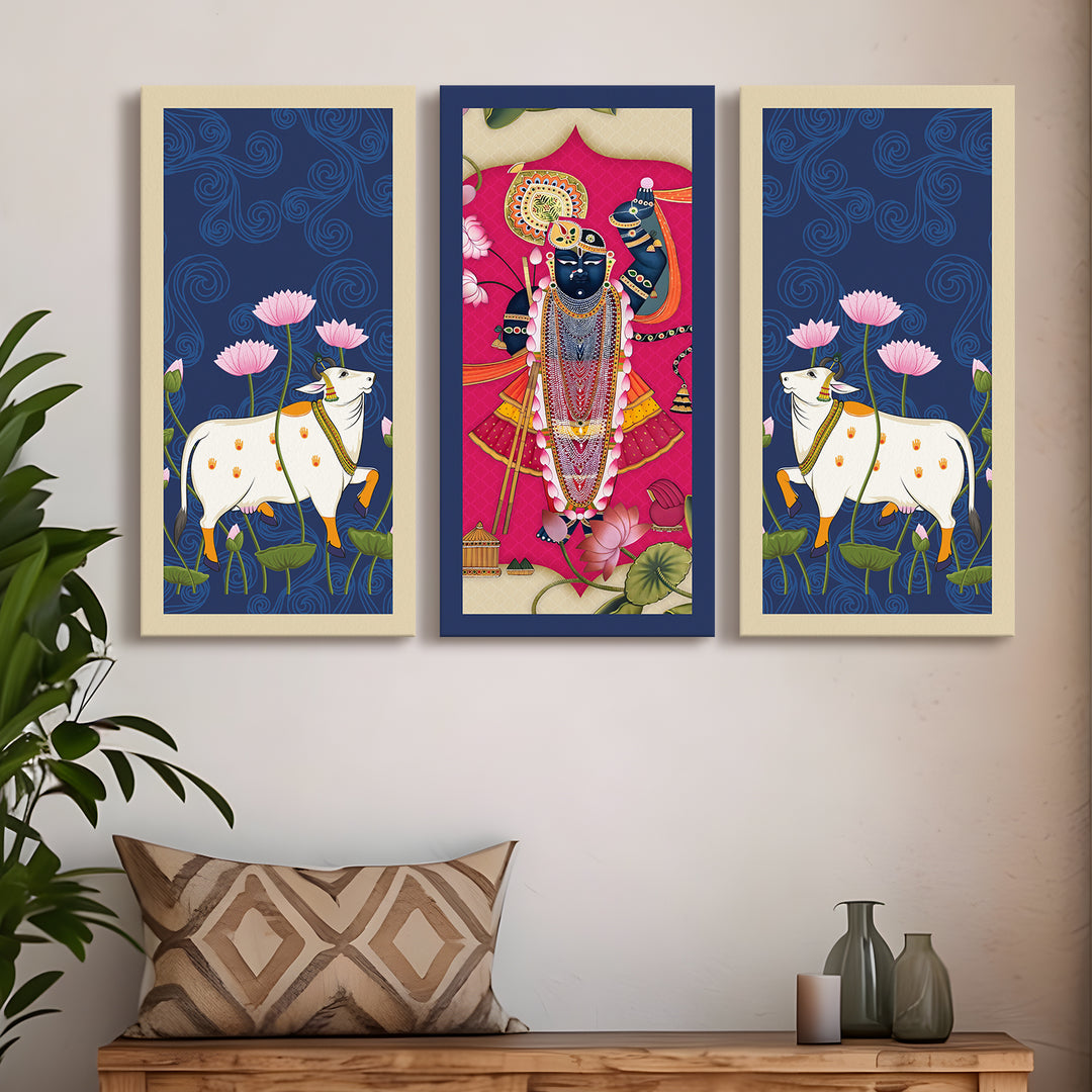 Traditional Pichwai Shreenath Ji Wall Art Set of 3 | HD Print Wrapped Canvas | Perfect for Pooja Room & Office Decor Panels | 12×24 Inch (PICWA37)