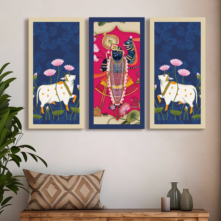 Traditional Pichwai Shreenath Ji Wall Art Set of 3 | HD Print Wrapped Canvas | Perfect for Pooja Room & Office Decor Panels | 12×24 Inch (PICWA37)