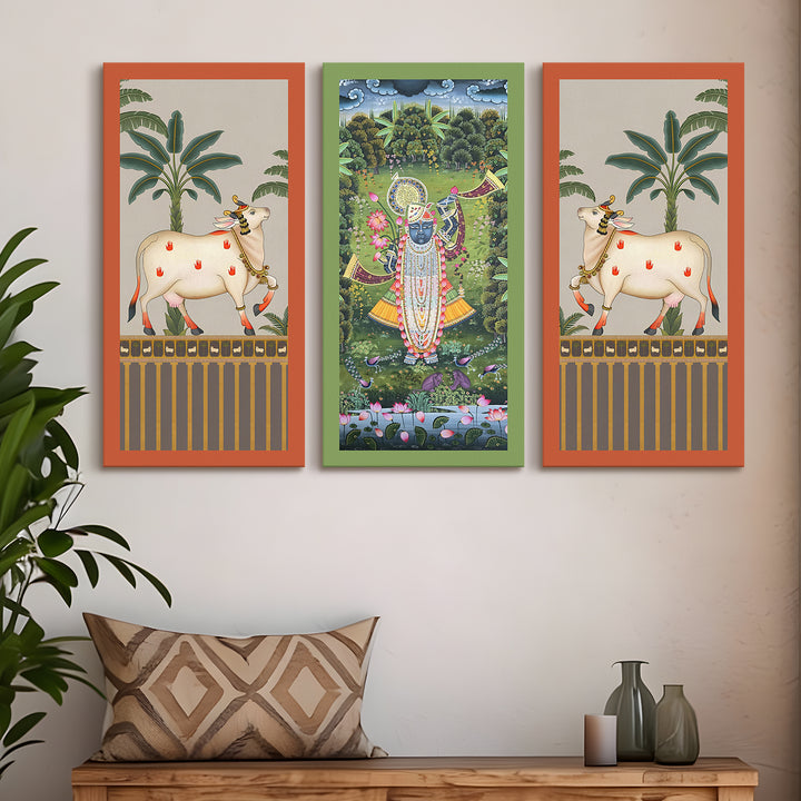 Traditional Pichwai Shreenath Ji Wall Art Set of 3 | HD Print Wrapped Canvas | Perfect for Pooja Room & Office Decor Panels | 12×24 Inch (PICWA40)
