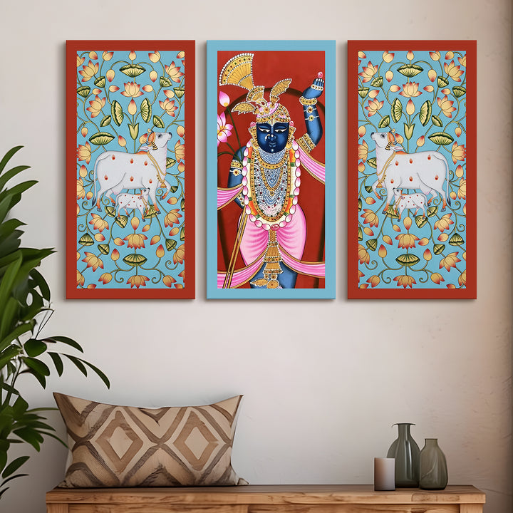 Traditional Pichwai Shreenath Ji Wall Art Set of 3 | HD Print Wrapped Canvas | Perfect for Pooja Room & Office Decor Panels | 12×24 Inch (PICWA42)