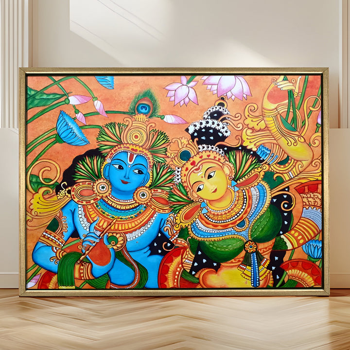 Kerala Mural Wall Art – Vibrant Radha Krishna HD Canvas Print | Painting for Traditional Indian Home & Temple Decor, Size: 36 inch x 48 inch (GOLDEN FLOATING FRAME) (KAMUWA03)