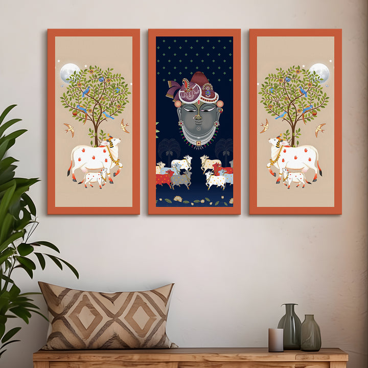 Traditional Pichwai Shreenath Ji Wall Art Set of 3 | HD Print Wrapped Canvas | Perfect for Pooja Room & Office Decor Panels | 12×24 Inch (PICWA38)