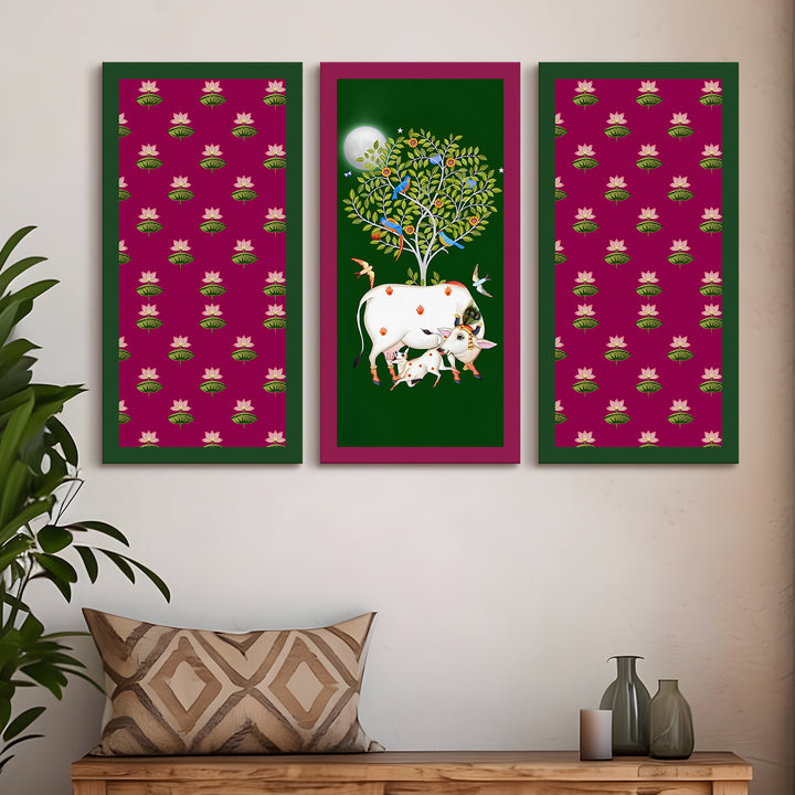 Traditional Pichwai Shreenath Ji Wall Art Set of 3 | HD Print Wrapped Canvas | Perfect for Pooja Room & Office Decor Panels | 12×24 Inch (PICWA39)