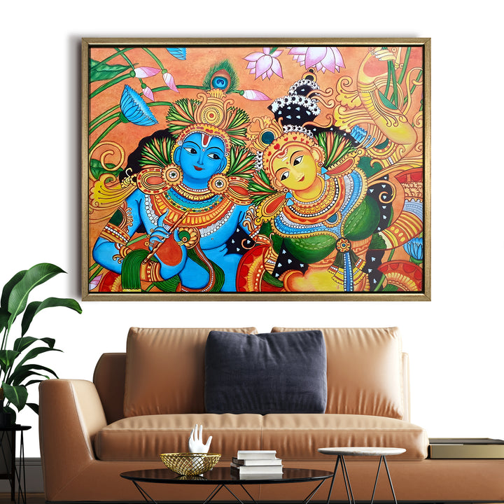 Kerala Mural Wall Art – Vibrant Radha Krishna HD Canvas Print | Painting for Traditional Indian Home & Temple Decor, Size: 36 inch x 48 inch (GOLDEN FLOATING FRAME) (KAMUWA03)