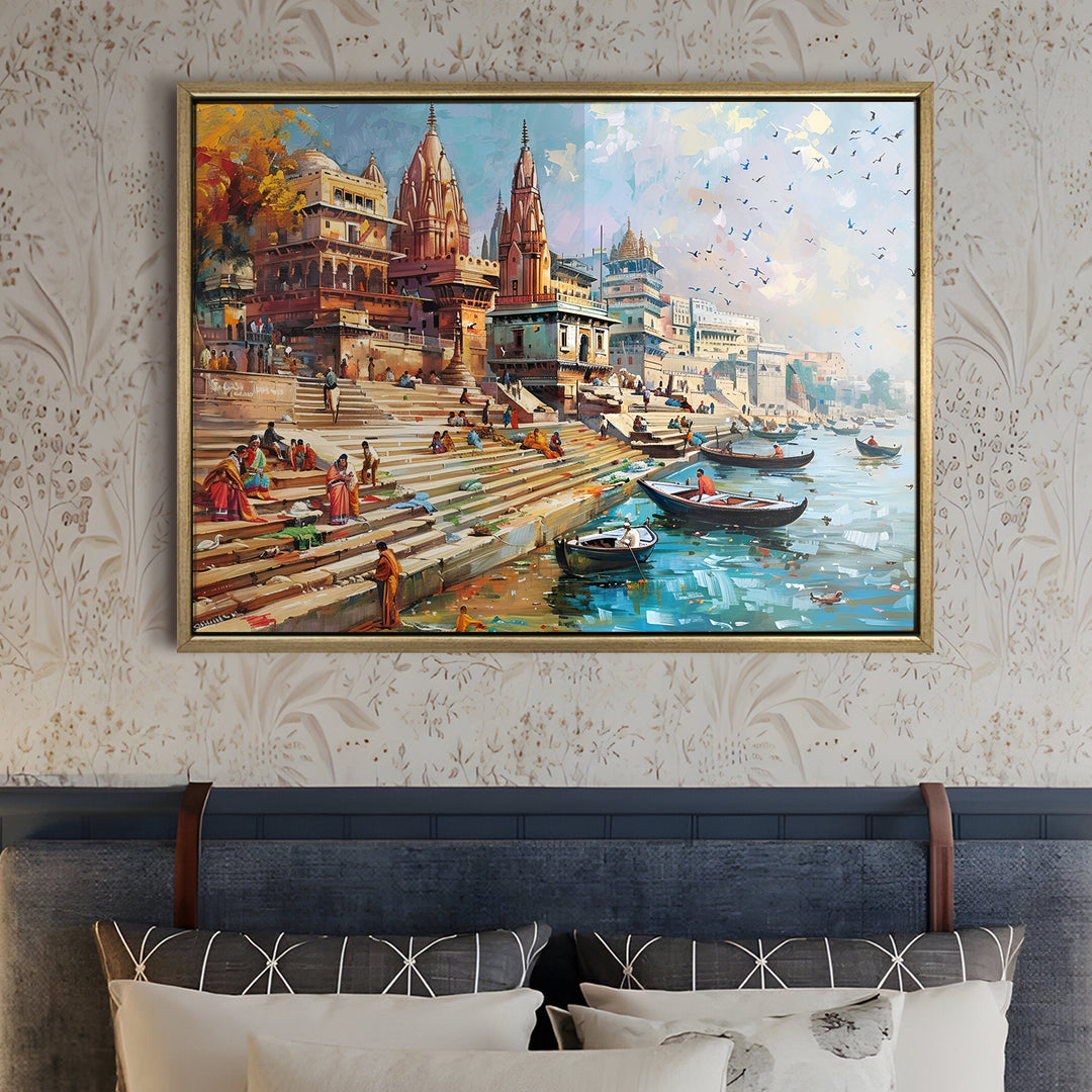 Banaras Ghats Painting Wall Art – Varanasi Riverfront with Golden Floater Frame – HD Print Large Canvas, Ready to Hang, Size: 3X4FT, (BAWA01).