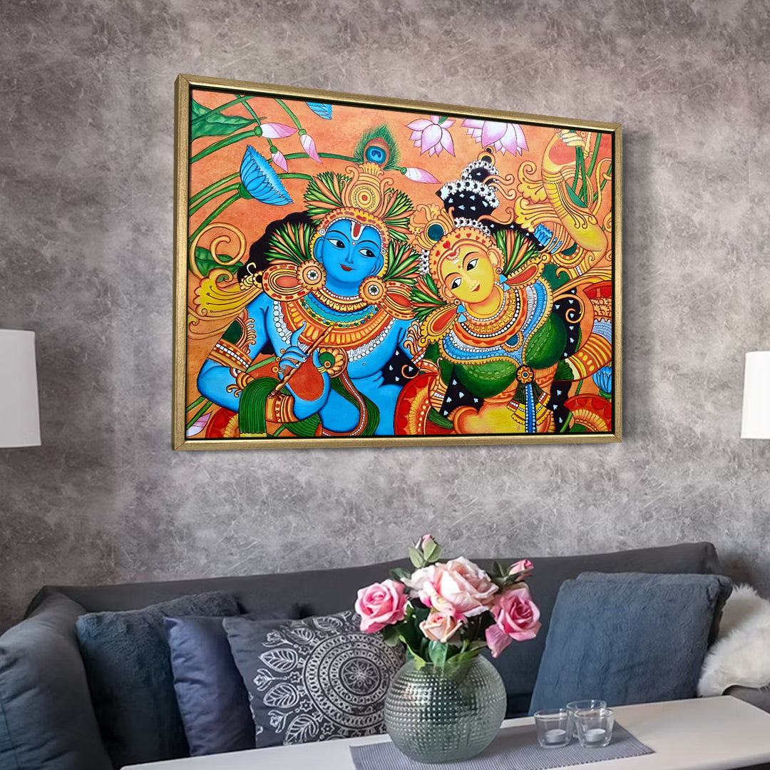 Kerala Mural Wall Art – Vibrant Radha Krishna HD Canvas Print | Painting for Traditional Indian Home & Temple Decor, Size: 36 inch x 48 inch (GOLDEN FLOATING FRAME) (KAMUWA03)