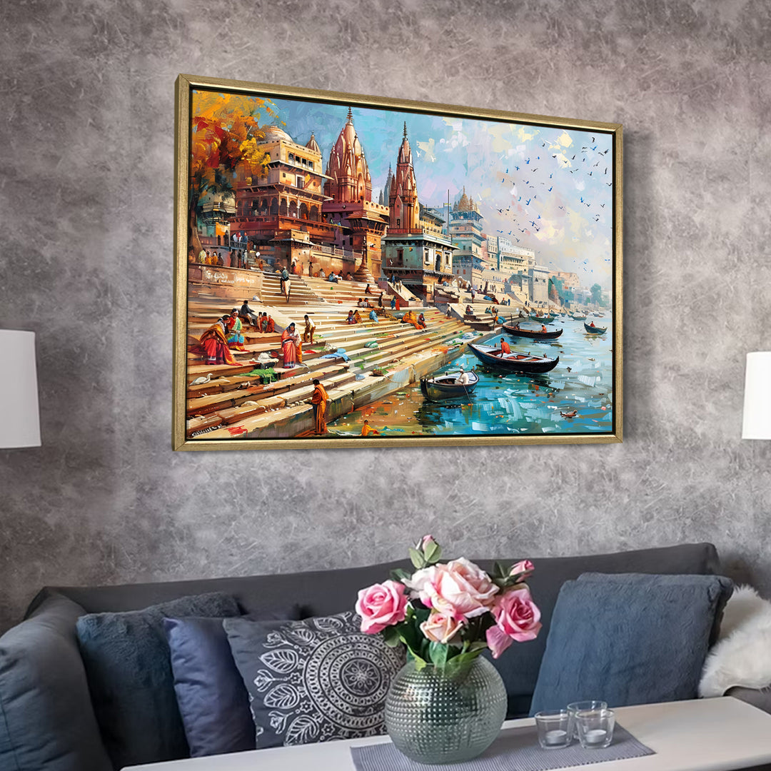 Banaras Ghats Painting Wall Art – Varanasi Riverfront with Golden Floater Frame – HD Print Large Canvas, Ready to Hang, Size: 3X4FT, (BAWA01).