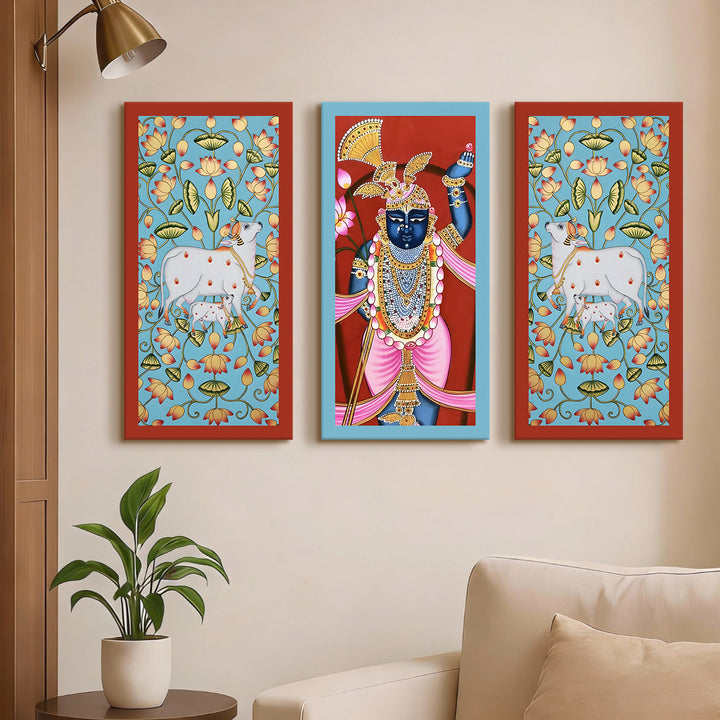 Traditional Pichwai Shreenath Ji Wall Art Set of 3 | HD Print Wrapped Canvas | Perfect for Pooja Room & Office Decor Panels | 12×24 Inch (PICWA42)