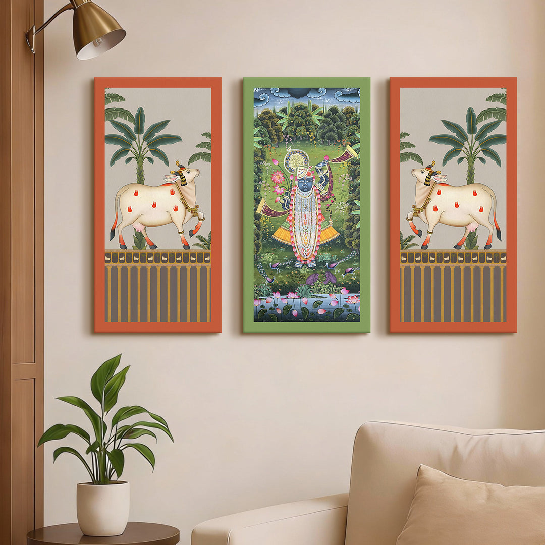 Traditional Pichwai Shreenath Ji Wall Art Set of 3 | HD Print Wrapped Canvas | Perfect for Pooja Room & Office Decor Panels | 12×24 Inch (PICWA40)